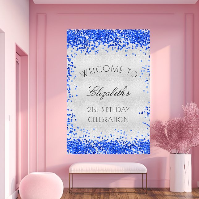 Birthday party silver royal blue confetti welcome poster (Creator Uploaded)