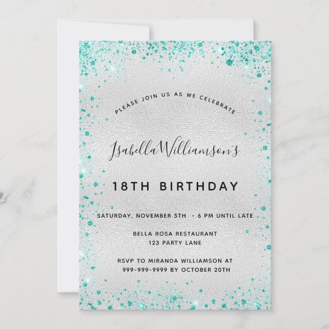 Birthday party silver teal glitter dust glam invitation (Front)