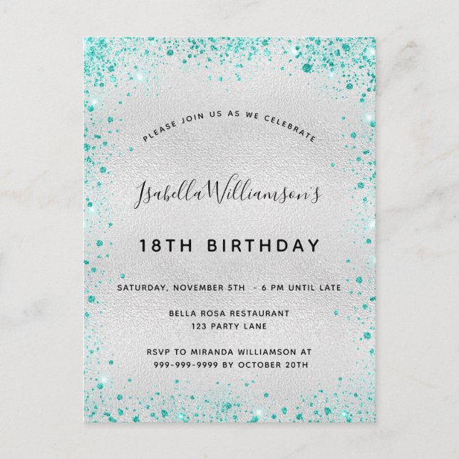 Birthday party silver teal glitter glam invitation postcard (Front)