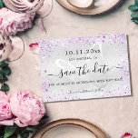 Birthday party silver violet glitter butterfly save the date<br><div class="desc">A girly and trendy Save the Date card for a 40th (or any age) birthday party. A modern faux silver looking background decorated with violet, lavender coloured faux glitter sparkles. Personalise and add a date and name/age 40. The text: Save the Date is written with a large trendy hand lettered...</div>