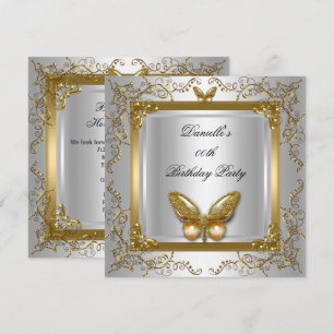 Birthday Party Silver White Gold Butterfly Invitation