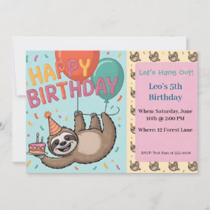 Birthday Party Sloth with Balloons and Cake Invitation