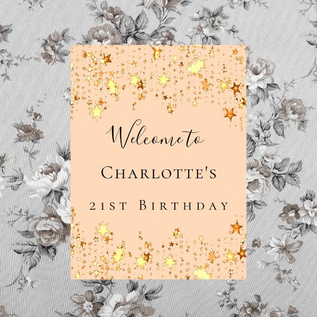 Birthday party soft peach gold stars welcome poster (Creator Uploaded)