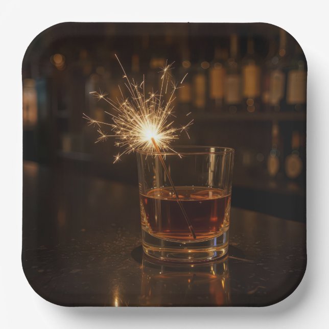 Birthday Party Sparkler In a Glass Of Whiskey Paper Plate (Front)