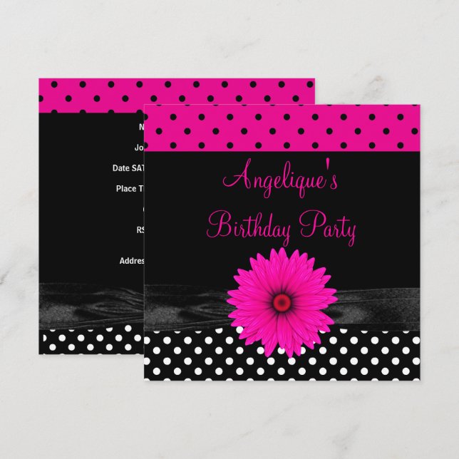 Birthday Party Spot Polka Dot  Black White Pink Invitation (Front/Back)