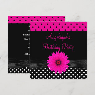 Birthday Party Spot Polka Dot  Black White Pink Invitation
