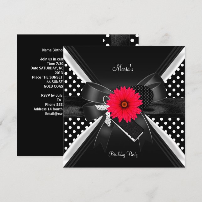 Birthday Party Spot Polka Dot  Black White Red Invitation (Front/Back)