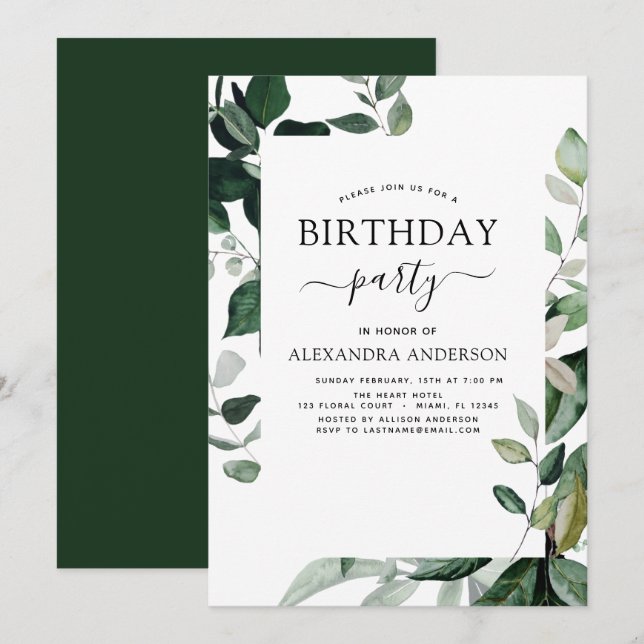  Birthday Party Spring Botanical Greenery Invitati Invitation (Front/Back)