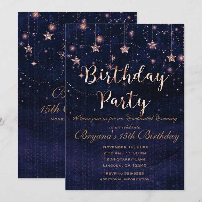 Birthday Party Starry Night Whimsical Purple Gold Invitation (Front/Back)