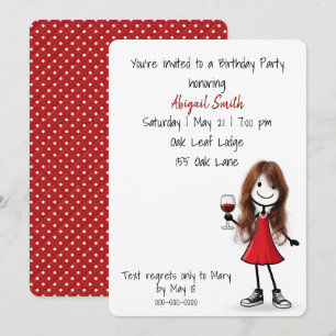 Birthday Party Stick Figure Girl with Red Wine Invitation