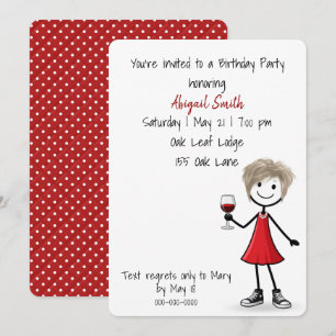 Birthday Party Stick Figure Girl with Red Wine Invitation