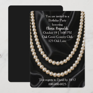 Birthday Party String of Pearls on Black Silk Invitation