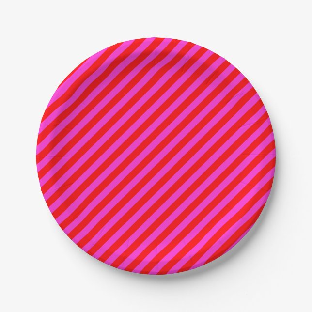 Birthday party stripes pink red pattern paper plate (Front)