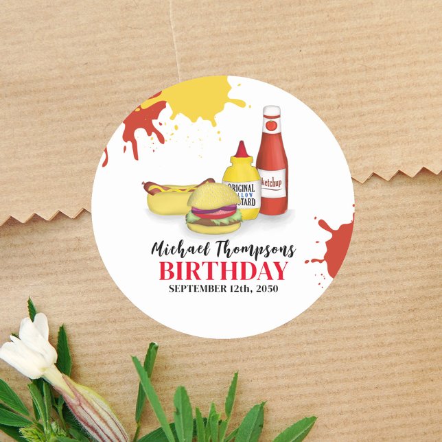 Birthday Party Summer BBQ Custom  Classic Round Sticker (Birthday whimsical hamburger and hotdog custom sticker.)