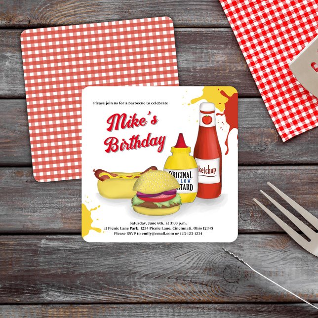 Birthday Party Summer BBQ Custom Invitation (Backyard BBQ Hamburger and Hot Dog Invitations )