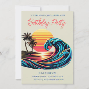 Birthday Party-Sunset Retro Surf Wave Invitation