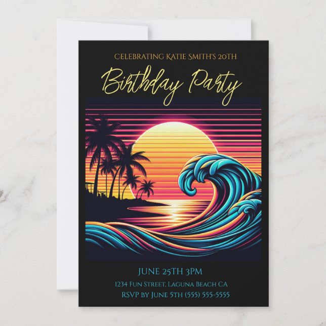 Birthday Party-Sunset Retro Surf Wave Invitation (Front)
