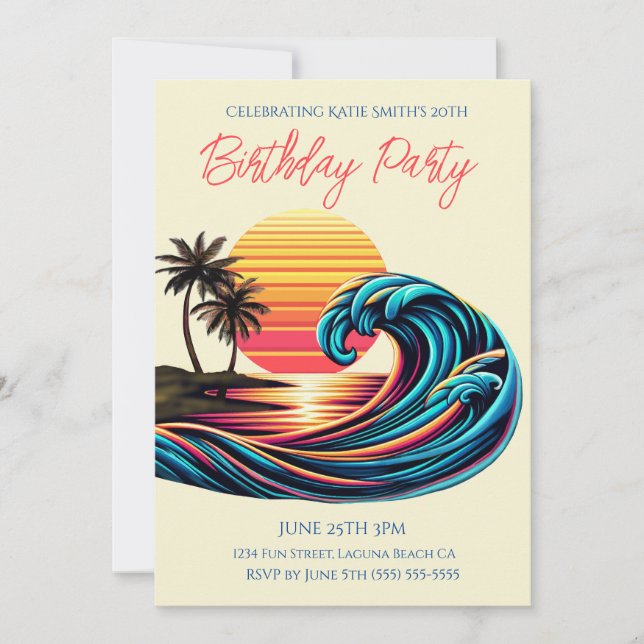 Birthday Party-Sunset Retro Surf Wave Invitation (Front)