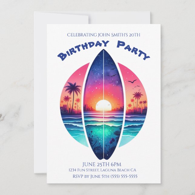 Birthday Party-Surfboard in a Sunset Invitation (Front)