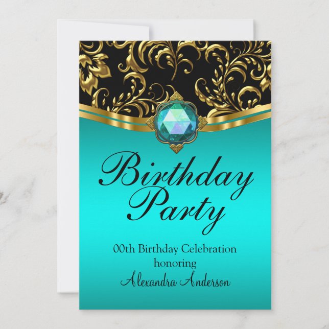 Birthday Party Teal Blue Black Gold Damask Invitation (Front)