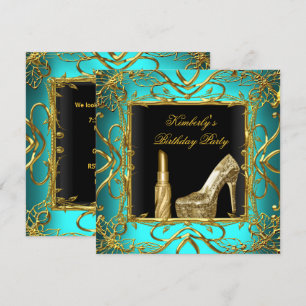 Birthday Party Teal Blue Gold Black Shoe Lipstick Invitation