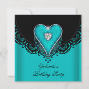 Birthday Party Teal Blue Heart Black Lace Invitation