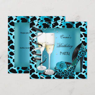 Birthday Party Teal Blue Leopard Black Shoes Invitation