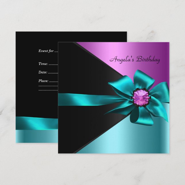 Birthday Party Teal Blue Pink Black Invitation (Front/Back)
