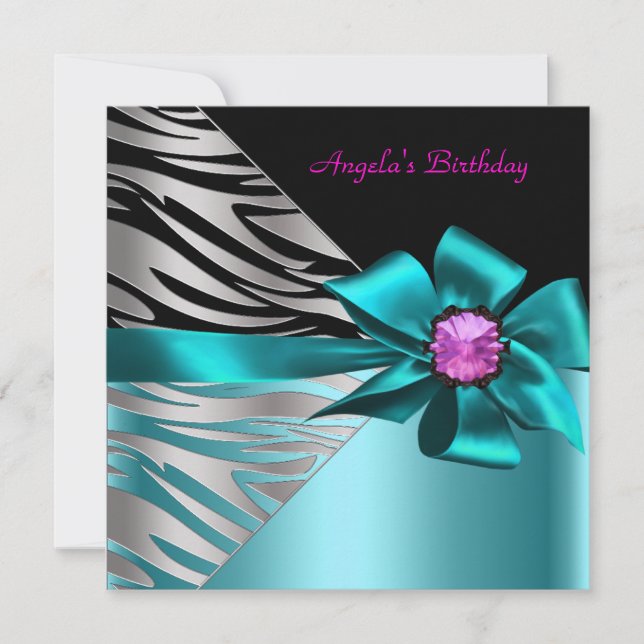 Birthday Party Teal Blue Pink Silver Zebra Black Invitation (Front)