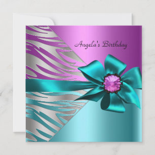 Birthday Party Teal Blue Pink Silver Zebra Black Invitation