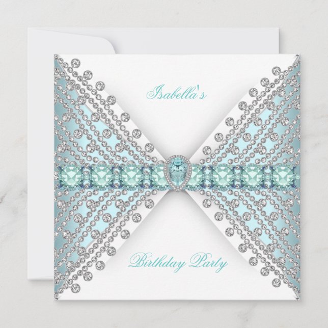 Birthday Party TEAL BLUE Silver White Diamond Invitation (Front)