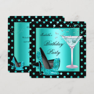 Birthday Party Teal Blue Turquoise Black 2 Invitation
