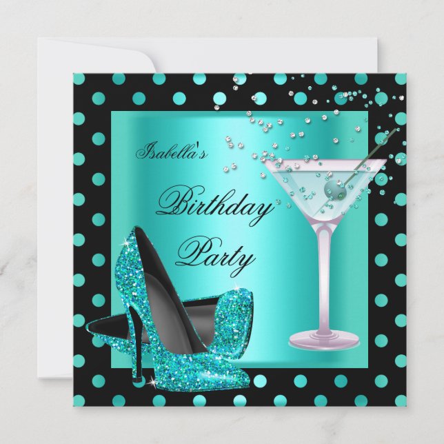 Birthday Party Teal Blue Turquoise Black 2 Invitation (Front)