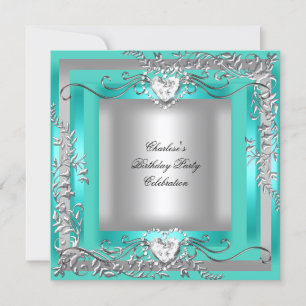 Birthday Party Teal Blue Turquoise Silver Invitation