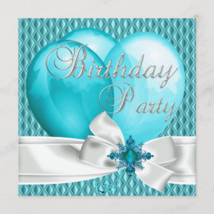 Birthday Party Teal Blue White Bow Balloons Invitation