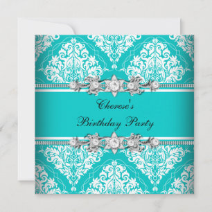 Birthday Party Teal Blue White Damask Floral Invitation