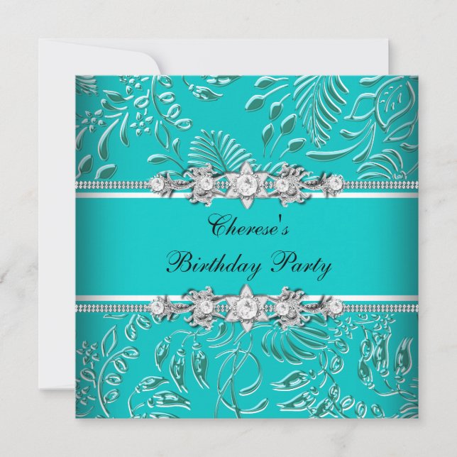 Birthday Party Teal Blue White Damask Floral Invitation (Front)