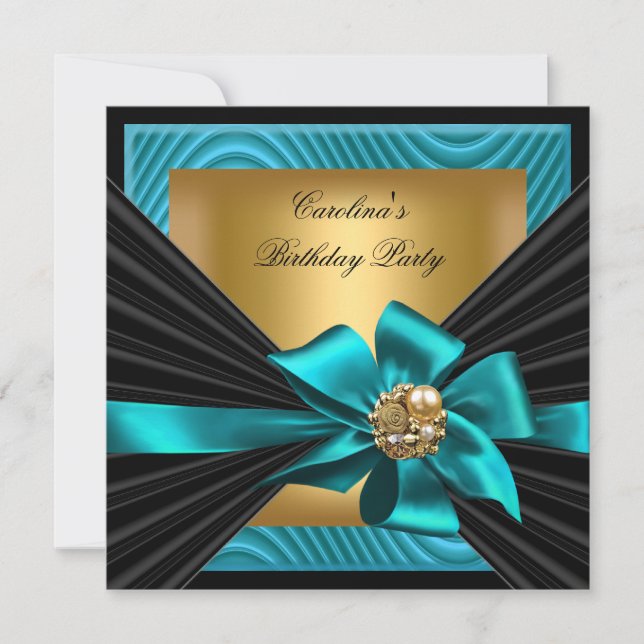 Birthday Party Teal Gold Black Ripple Invitation (Front)