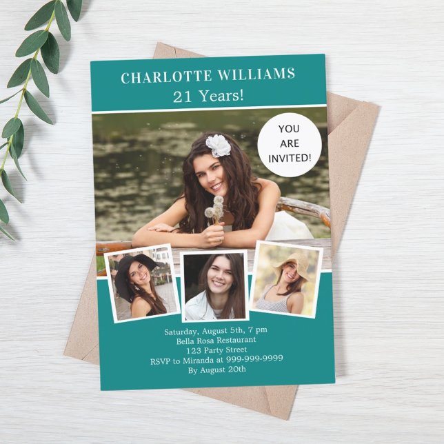 Birthday party teal green photo collage invitation (Creator Uploaded)