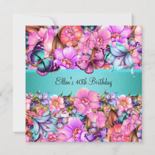 Birthday Party Teal Pink blue Pink Butterfly Invitation