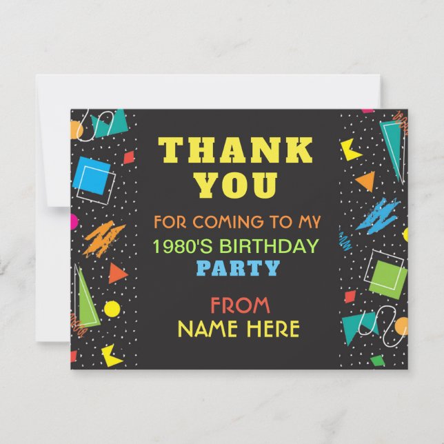 Birthday Party Thank You 1980's Eighties 80s Card (Front)