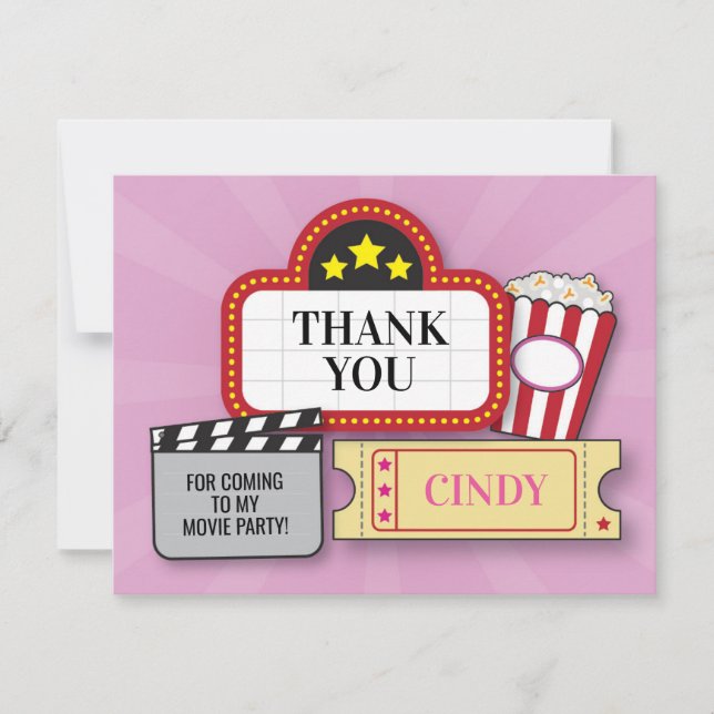 Birthday Party Thank You Movie Film Ticket Popcorn Card (Front)