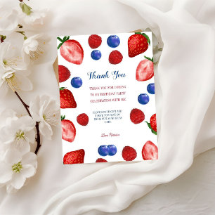 Birthday party thank you script, strawberry themes postcard