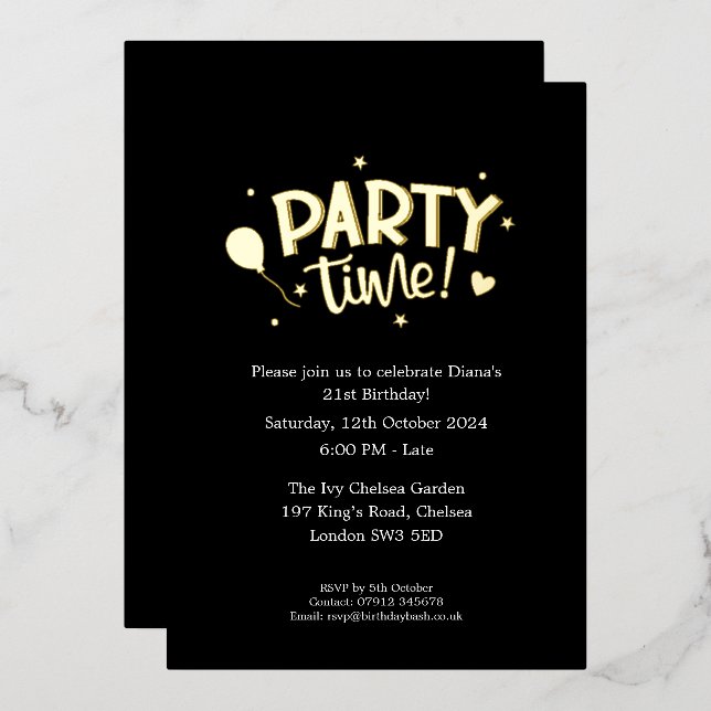 Birthday Party Time Celebrations Foil Invitations  (Front/Back)