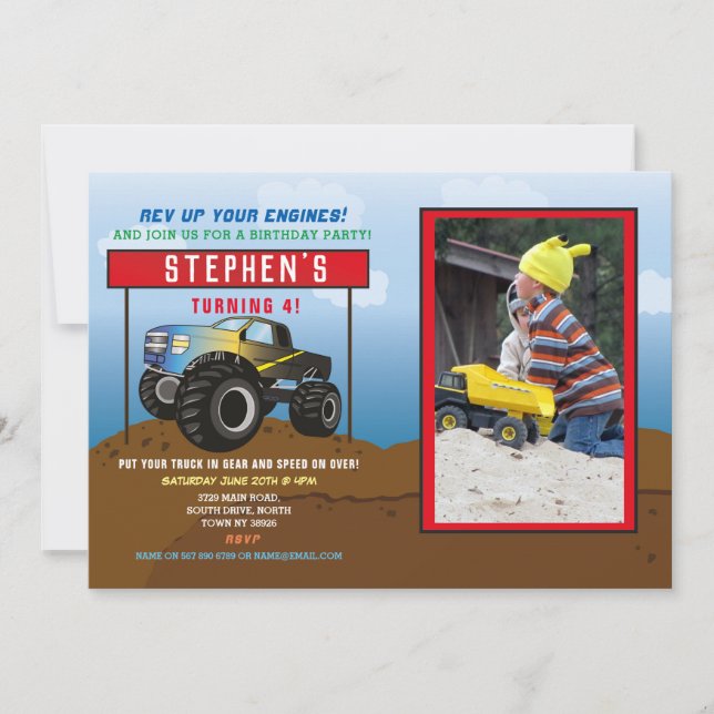 Birthday Party Truck Car Big Monster Blue Photo Invitation (Front)