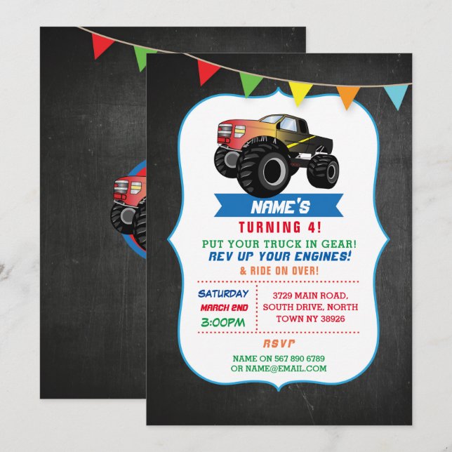 Birthday Party Truck Car Monster Smash Invite (Front/Back)