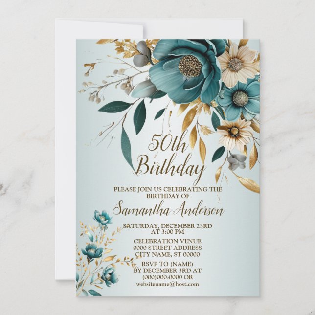 Birthday Party Turquoise White Flower Gold Leaves Invitation (Front)