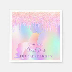 Birthday party unicorn holographic pink drips napkin