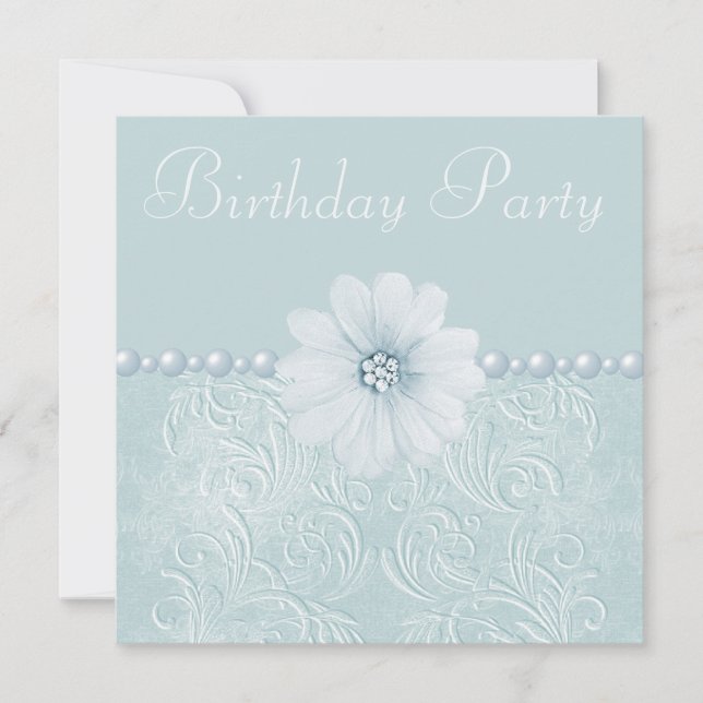 Birthday Party Vintage Blue Flowers & Pearls Invitation (Front)