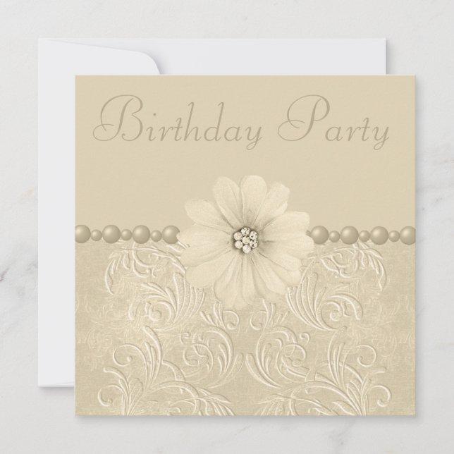 Birthday Party Vintage Flowers & Pearls Invitation (Front)